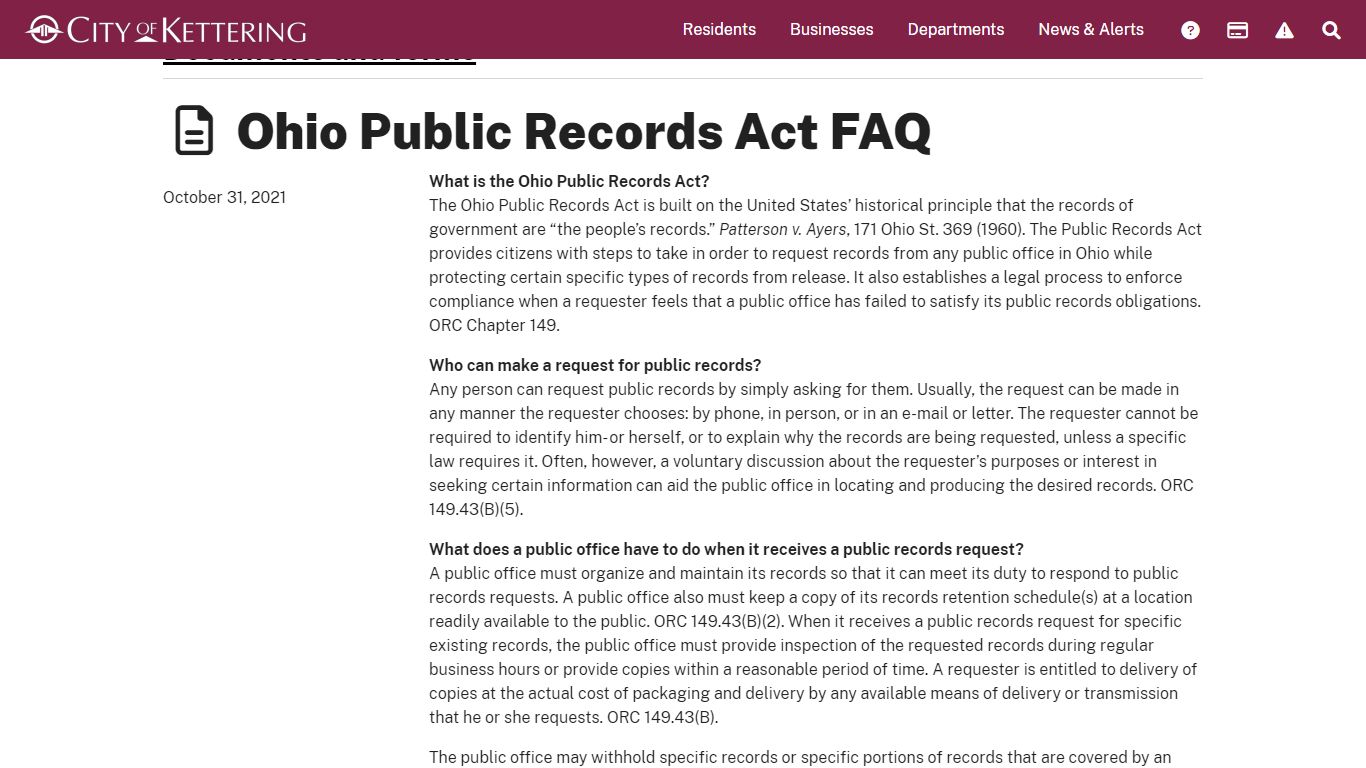 Ohio Public Records Act FAQ - Kettering